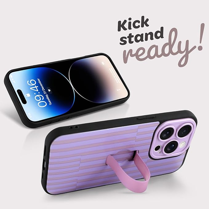 Compatible with iPhone 14 Pro Max Case with Finger Hand Strap Kickstand, Trendy Cool Striped Phone Case for Women Men, Full Camera Protection Shockproof Protective Cover, Purple Stripes
