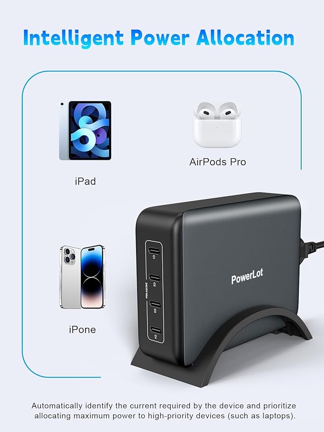 PowerLot 240W 4-Port USB-C PD 3.1 Power Station, 140W Fast Charging for MacBook Pro,Samsung, 100W×4 USB-C Travel Charger with Overload Temperature Protection