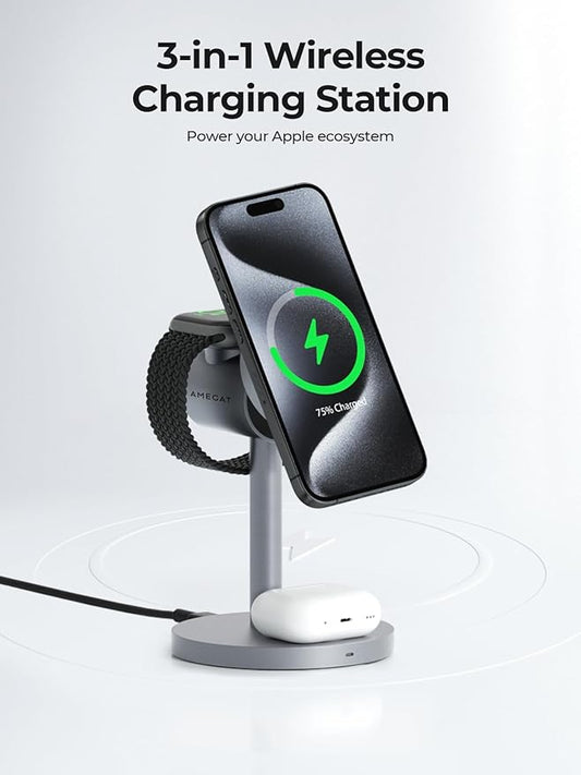 MagFusion 3-in-1 Charging Station Compatible with MagSafe, Qi2 Certified 15W Magnetic Wireless Charger Stand, for iPhone 17/16/15/14/13/12 Series, Apple Watch, AirPods(30W PD Charger Included)