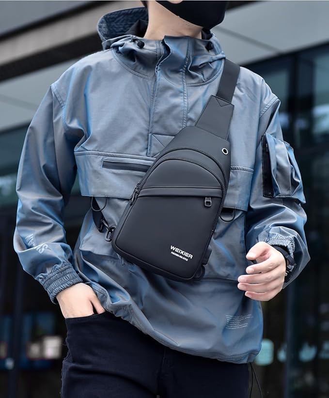 Waterproof Sling Bags Mens Shoulder Crossbody Backpack with USB Charging Port& Headphone,Outdoor Lightweight Bag