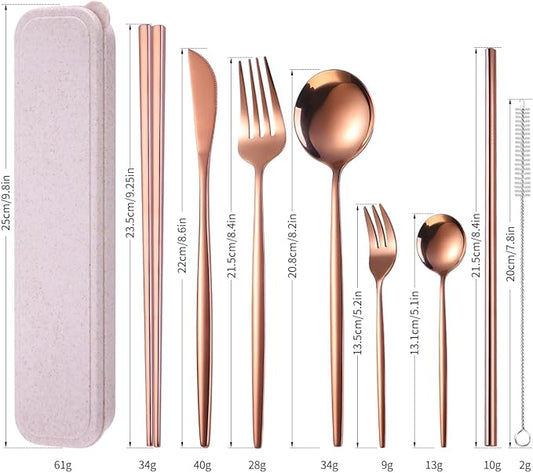AARAINBOW 8 Pieces Stainless Steel Flatware Set Portable Reusable Cutlery Set Travel Utensils Set Including Chopsticks Knife Fork Spoon Straws Cleaning Brush Dishwasher Safe (Rose Golden)
