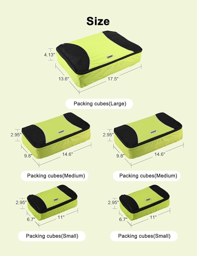 GOX Ultra Light 5 piece Packing Cubes Travel Luggage Organizer 1 Large 2 Medium 2 Small