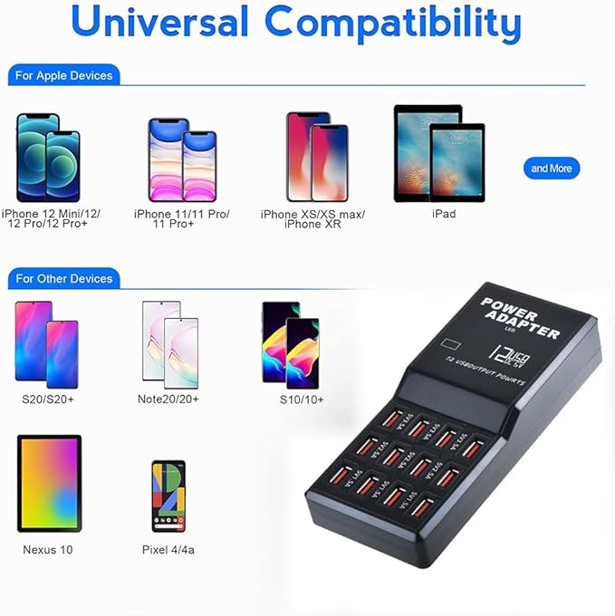 MaxLax USB Charger Station,12-Port 60W Multiple USB Charging Station,Multi Ports Charger Charging for Smartphones,Tablets,and Other Devices.