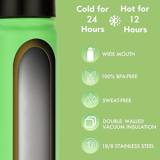 mininoo 24 oz Insulated Water Bottle with Straw, Stainless Steel Double Wall Vacuum with Straw Lid, Leak Proof, BPA Free, Keep Cold for 24H & Hot for 12H(Canopy Green)