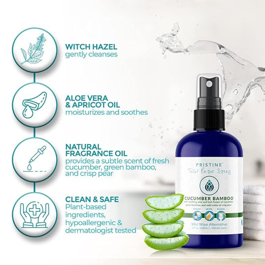 PRISTINE Toilet Paper Spray - As Seen on Shark Tank, More Natural Flushable Wet Wipes Alternative, Spray Toilet Paper to Create Flushable Wipe, Cucumber Bamboo, 1 fl oz Travel Size