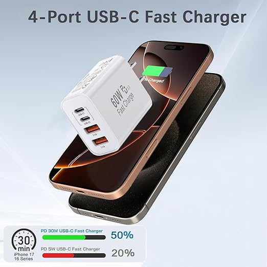 60W USB C Charger Block,2Pack 4-Port GaN USB C Charger Fast Charging Wall Plug Dual Type C+Dual USB-A Port,Multiport Power Adapter Cube for iPhone 17 Pro Max/16e/15/14/13/12/11,iPad Pro/Air/Mini