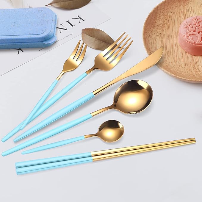 AARainbow 8 Pieces Stainless Steel Flatware Set Portable Reusable Cutlery Set Travel Utensils Set Including Chopsticks Knife Fork Spoon Straws Cleaning Brush Dishwasher Safe (Light blue Golden)