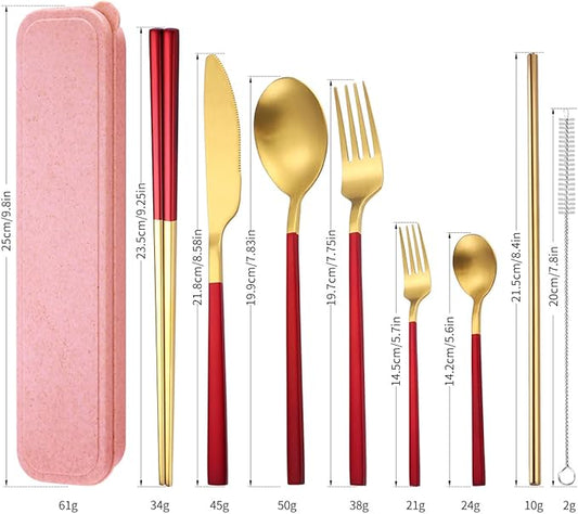 AARainbow 8 Pieces Stainless Steel Flatware Set Portable Reusable Cutlery Set Travel Utensils Set Including Chopsticks Knife Fork Spoon Straws Cleaning Brush Dishwasher Safe (B-Red Golden)