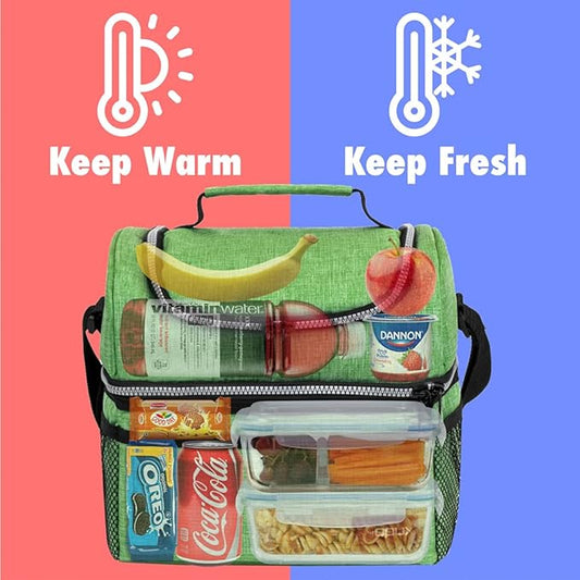 OPUX Lunch Box For Men Women, Insulated Large Lunch Bag Adult Work, Double Decker Lunchbox Meal Prep, Dual Compartment Leakproof Lunch Cooler, Soft Lunch Pail Tote Boys Girls Kids School, Green 12L