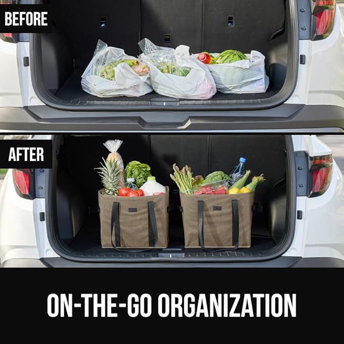 GORILLA GRIP Heavy Duty Foldable Reusable Grocery Bags, Tear Resistant Box Shape Shopping Tote with Reinforced Handles, Grip Feet, Easily Carry and Transport Groceries, 13x10x11, 1 Pack, Beige Black