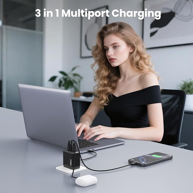 130W USB C Charger Block,3-Port GaN Fast Charger,Compact Foldable Type C Fast Charging Wall Charger,PD QC 65W USB C Laptop Charger for MacBook Pro/Air,iPad Pro,iPhone16/15,Galaxy Series,Dell XPS etc