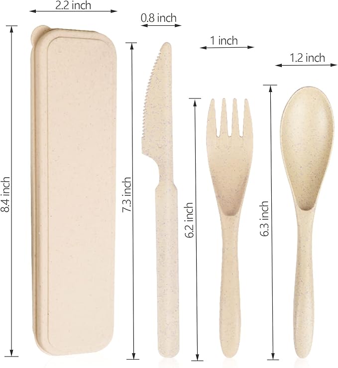 Reusable Travel Utensils Set with Case, Beige Wheat Straw Portable Knife Fork Spoons Tableware, Eco-Friendly BPA Free Cutlery for Kids and Adults as Travel Picnic Camping Utensils