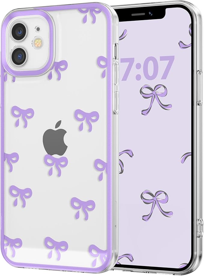 EYZUTAK Case for iPhone 11, Clear Cute Ribbon Bowknot Pattern Aesthetic Transparent Phone Case Raised Camera Protection Stylish Slim Soft Durable TPU Protective Cover for Women Girls - Purple
