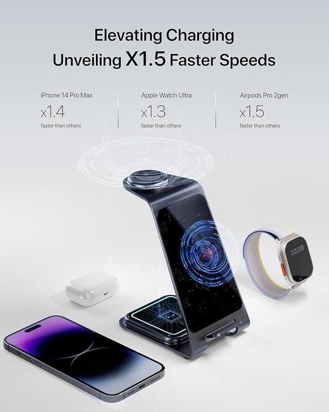 Intoval 3 in 1 Wireless Charging Station for iPhone 16 15 14 13 12 11 X Pro Max, Wireless Charger for Apple Watch Ultra 3 SE 9 8 7 6 5 4 3 2, for AirPods 4 Pro Pro 2 3 (Y93, Blue)