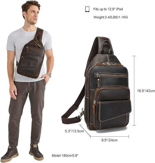 LANNSYNE Full Grain Leather Casual Sling Bag For Men Hiking/Travel/Business Crossbody Chest Bag Fits 12.9" iPad