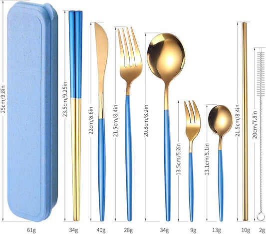 AARAINBOW 8 Pieces Stainless Steel Flatware Set Portable Reusable Cutlery Set Travel Utensils Set Including Chopsticks Knife Fork Spoon Straws Cleaning Brush Dishwasher Safe (Blue Golden)
