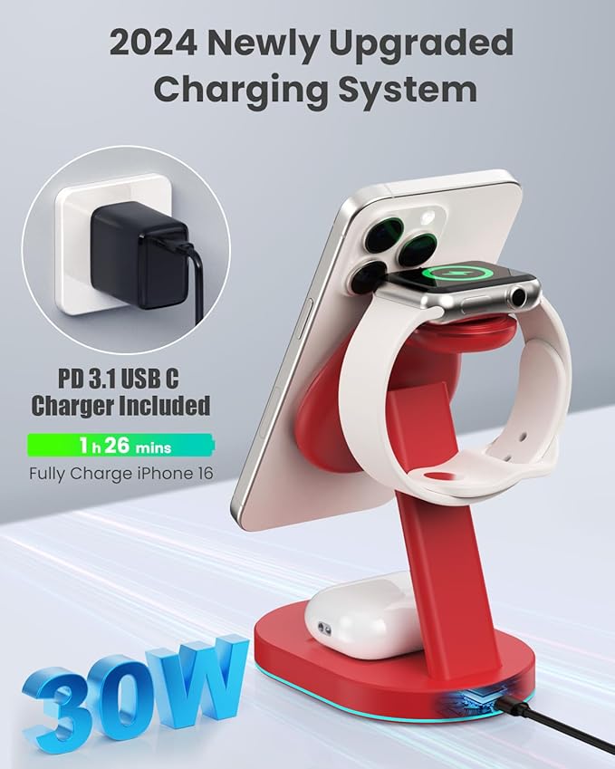 3 in 1 Wireless Charger Charging Station for iPhone,Qi2 Certified 15W Magnetic Charging Stand for Mag-Safe with 30W USB C Adapter&Friendly Night Light for iPhone 16/15/14/13/12,Apple Watch,AirPods