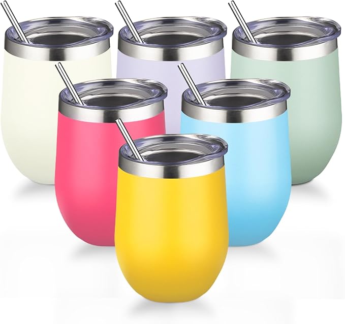 12oz/6 Pack Stainless Steel Wine Tumbler with Lid and Straw, Double Wall Vacuum Insulated Wine Tumbler Glasses, Stemless Travel Mugs for Hot and Cold Drinks, Coffee, Wine, Cocktails(Mix Color-1)