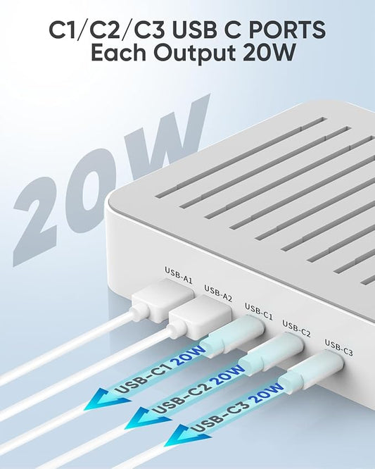 MSTJRY USB C Charging Station for Multiple Devices : 90W 5 Ports Multi Fast Charger for iPhone iPad Tablets Phone Airpods - Charging Dock Organizer with Adjustable Dividers for Home Office Classroom