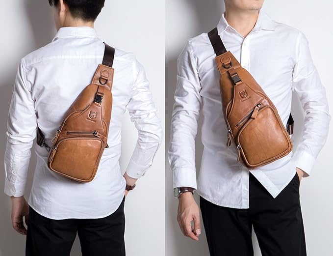 BULLCAPTAIN Men Sling Chest Bag Genuine Leather Casual Multipurpose Crossbody Shoulder Backpack Travel Hiking Daypack (Yellowish brown)