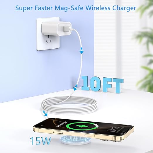 10FT Magnetic Wireless Charger, 2Pack 15W Fast Apple Mag-safe Charger Wireless iPhone Charging Pad with Charging Plug for iPhone 16 Pro Max/16 Pro/16 Plus/16/iPhone 15 Pro Max/14/13/12,AirPods 3/2/Pro