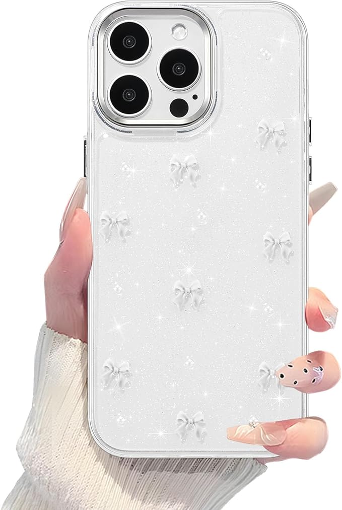 EYZUTAK Case for iPhone 14 Pro, Bling Glitter 3D Bowknot Phone Case Cute Sparkly Crystal Clear Bow Aesthetic Design Case Slim Soft Durable TPU Transparent Protective Cover for Women Girl - White Bow