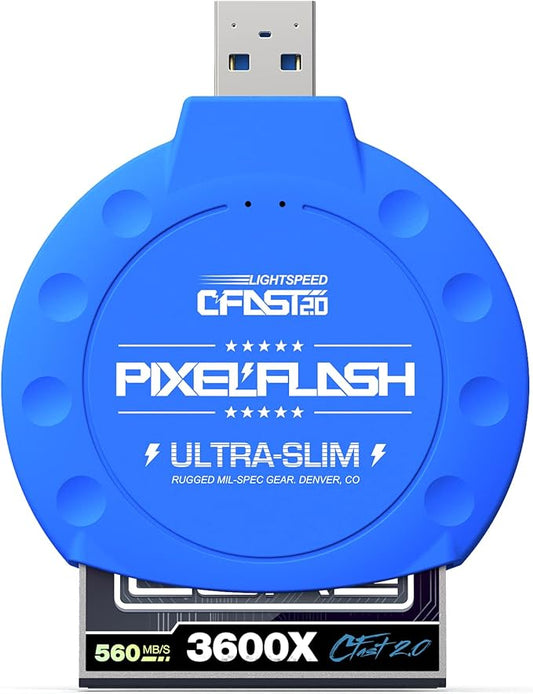 PixelFlash CFast 2.0 Card Reader (Blue) - Memory Card Adapter with USB 3.0, 500Mb/s File Transfer, Ultra-Slim & Anti-Slip Rubber Shell, Compatible with Most Brands & OS