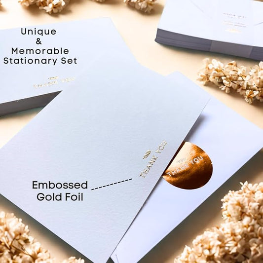 RUN2PRINT (36 Pack) Thank You Cards With Envelopes & Gift of 36 Foiled Stickers - Elegant Embossed Gold Foil Pressed Blank Notes Wedding All Occasion Cards (White)