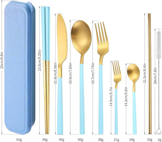 AARainbow 8 Pieces Stainless Steel Flatware Set Portable Reusable Cutlery Set Travel Utensils Set Including Chopsticks Knife Fork Spoon Straws Cleaning Brush Dishwasher Safe (B-Light blue Golden)