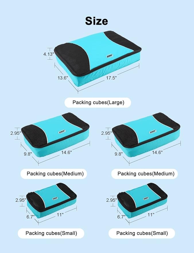 GOX Ultra Light 5 piece Packing Cubes Travel Luggage Organizer 1 Large 2 Medium 2 Small