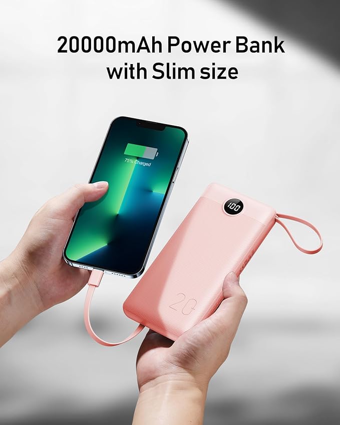 VEEKTOMX Portable Charger Built-in Cables, 20000mAh Power Bank for iPhone, Fast Charge USB C Battery Pack Travel Essentials Powerbank Compatible with iPhone 17/16/15/14, Samsung S25/24, Android, etc