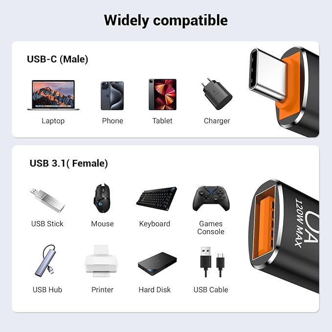 10 Pack 10Gbps/120W USB C to USB3.1 Adapter,Black Type C Male to USB Female Adapter for Smartphone, PC, Laptop, Tablet, Keyboard etc.