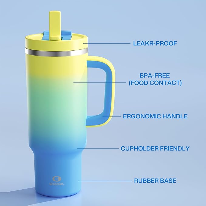 40 oz Tumbler with Handle and Straw: Stainless Steel Insulated Tumbler Keeps Cold for 24 Hours, Leakproof Travel Cup Fits in Cup Holder and BPA-Free, Soft Lagoon