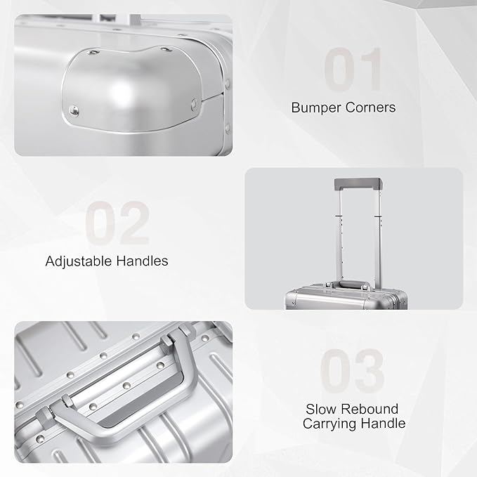 All Aluminum Carry On Luggage 22x14x9 Airline Approved,Zipperless Luggage Premium Aluminum Suitcase Luggage, Hard Shell Carry On Luggage with Spinner Wheels (silver, 20inch)