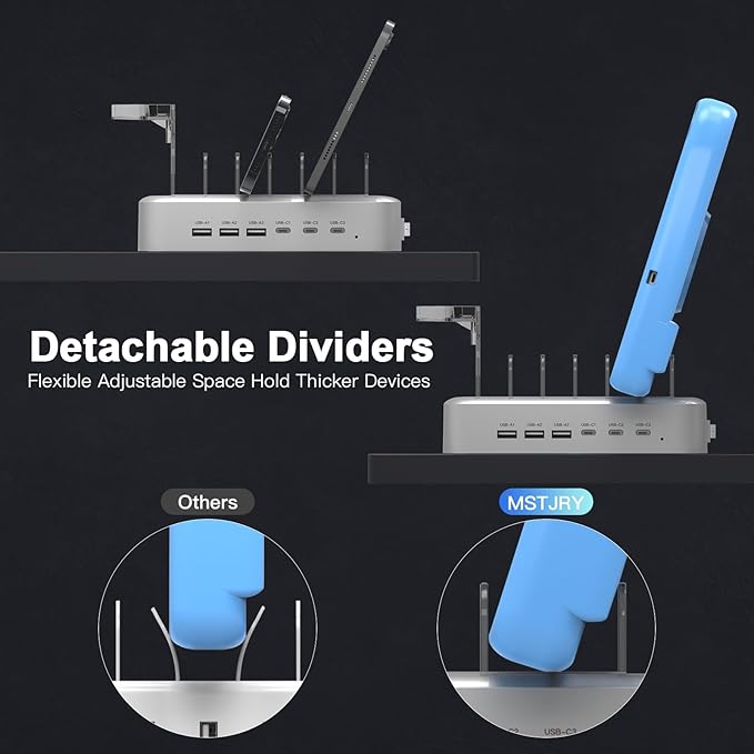 MSTJRY 90W 6-Port USB C Fast Charging Station for Multiple Devices, Multi PD Charger Station for iPhone iPad Tablet Phone, Charging Dock Organizer with Adjustable Dividers for Home Office Classroom