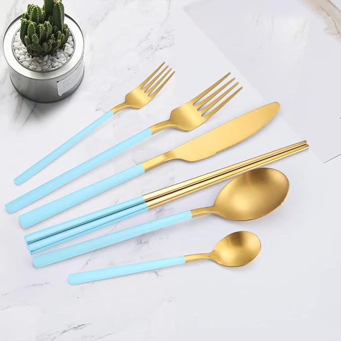 AARainbow 8 Pieces Stainless Steel Flatware Set Portable Reusable Cutlery Set Travel Utensils Set Including Chopsticks Knife Fork Spoon Straws Cleaning Brush Dishwasher Safe (B-Light blue Golden)