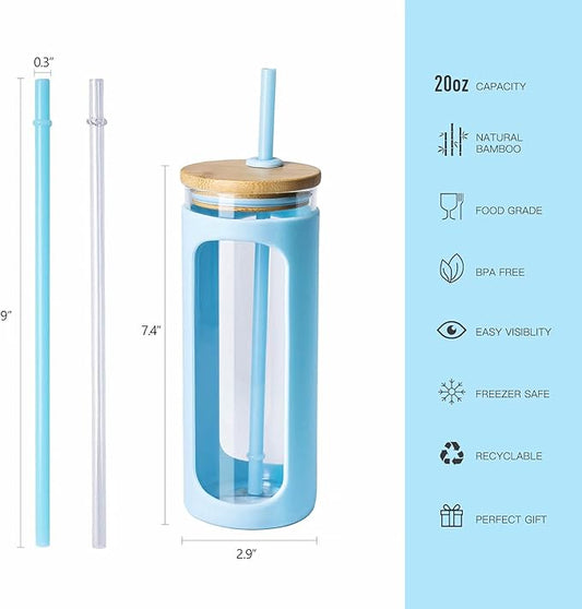 Kodrine 20oz Glass Water Tumbler with Straw and Lid, Bamboo Lids Water Bottle, Iced Coffee Cup Reusable, Wide Mouth Smoothie Cups with Protective Silicone Sleeve BPA FREE-Light Blue