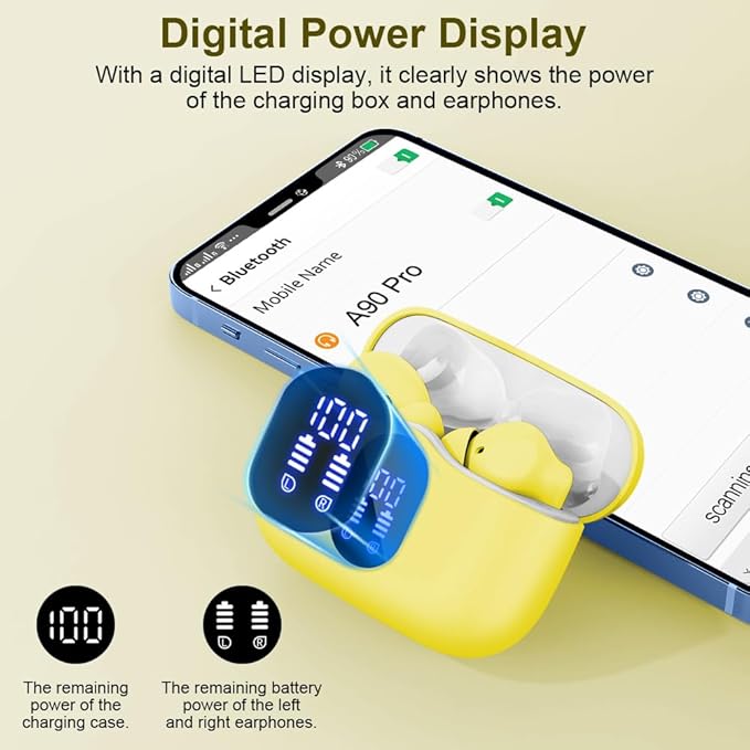 Wireless Earbuds, Bluetooth 5.4 Headphones Bass Stereo, Ear Buds with Noise Cancelling Mic LED Display, IP7 Waterproof in Ear Earphones, 36H Playtime for Laptop Pad Phones Sports Workout, Yellow