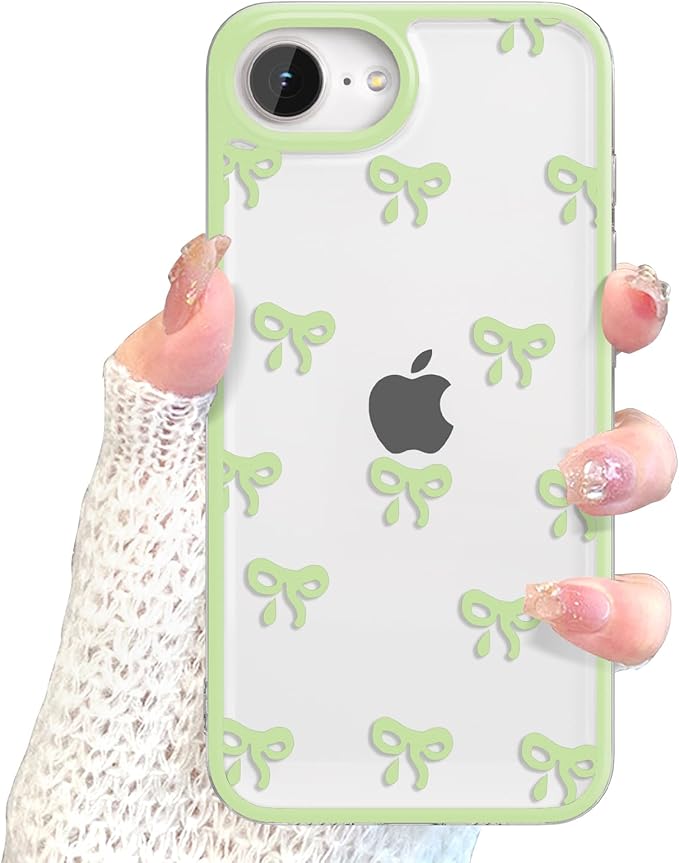 EYZUTAK Case for iPhone 16e, Clear Cute Ribbon Bowknot Pattern Aesthetic Transparent Phone Case Raised Camera Protection Stylish Slim Soft Durable TPU Protective Cover for Women Girls - Green