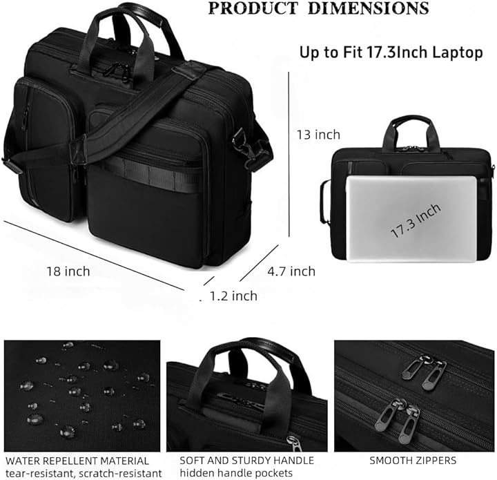 3 in 1 Laptop Bag for Men 17.3 Inch Laptop Backpack Computer Bag for Business/Work/Travel Convertible Backpack Messenger Shoulder Bag for Men Women Black