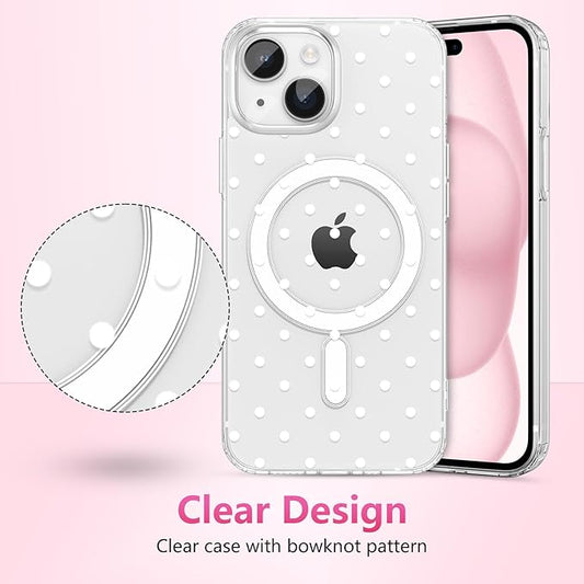 ZTOFERA Magnetic for iPhone 13/14 Case,Cute Polka Dot Phone Case Aesthetic Striped Clear Trendy Slim Soft Shockproof Protective Phone Cover for Women Girls, White Dot