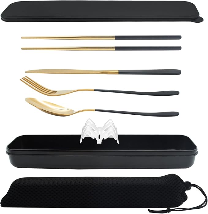 Black Portable Flatware Cutlery Set, TWUTGAYW Stainless Steel Travel Utensils with Case, Reusable Chopsticks Knife Spoons and Forks Set, Gold Camping Utensils Set for Lunch, Office, School, Picnic