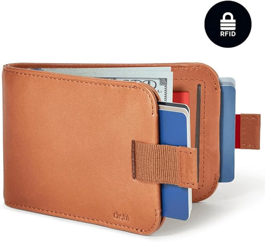 Distil Union Wally Bifold 5.0 Premium RFID Wallet with Titanium Money Clip - Slim Bifold Wallet for Men, Full Grain Leather, Minimalist RFID Card Holder - Holds 14 Cards & 30 Bills - Brown