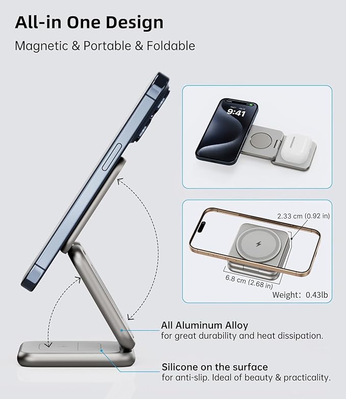 Foldable 3 in 1 Charging Station for Apple, X40 Aluminum Alloy Magnetic Wireless Charger, Portable Travel Charger for iPhone 16 15 14 13 12 Series, AirPods 3/2/Pro, iWatch-Titanium