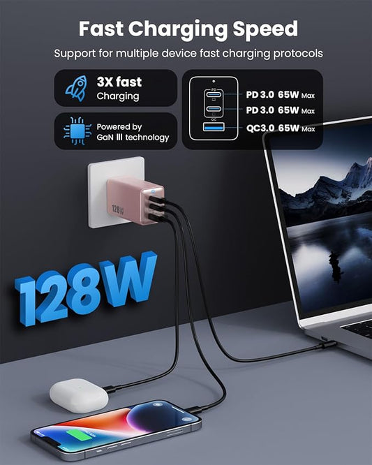 128W USB C Wall Charger,GaN III 3-Port Fast Charging Station,PD QC Foldable Charger Block Portable 65W Laptop Adapter for MacBook Pro/Air,iPad Pro,Galaxy S23,Dell XPS 13,iPhone 16/15/Pro etc