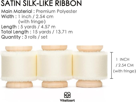 Vitalizart Silk Satin Ribbon 1 Inch x 15 Yard Wooden Spool Cream White Handmade Frayed Ivory Ribbon for Gift Wrapping Baby Shower Wedding Bridal Bouquets Holiday Decor 3 Rolls x 5 Yard