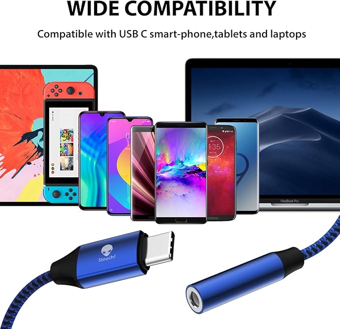 Stouchi USB C to 3.5mm Female Adapter, Type C Headphone Audio Jack Cable Cord Hi-Fi Dongle for Pixel 7 6a, Samsung Galaxy S22 S21 Ultra Z Flip Note20,2022 iPad Pro -Blue