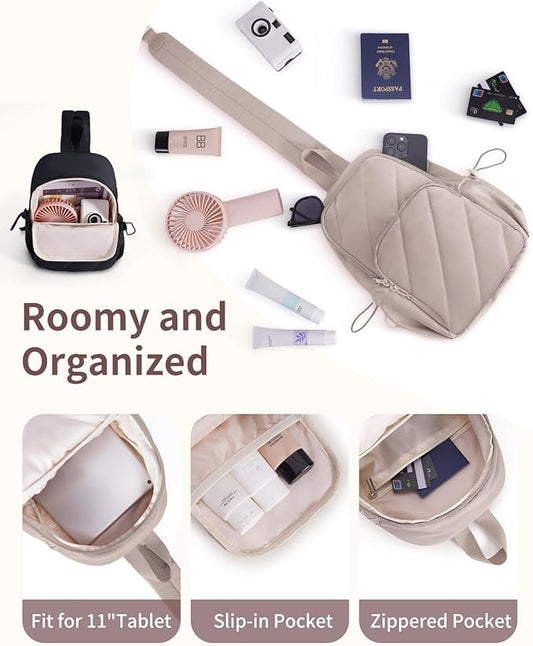 Wandering Nature Sling Bag for Women Lightweight Quilted Crossbody Bag Fits for 11" Tablet with Breathable Back Panel Anti Theft Pocket Padded Strap USB Charge Port, Ideal for Travel, Daily Use