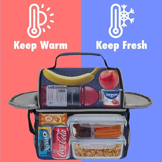 OPUX Lunch Box for Men, Adult Lunch Box Cooler, Insulated Lunch Bag Women, Dual Compartment Lunchbox for Work, Leakproof Double Decker Lunch Bag, Soft Lunch Pail Tote Boys Girls Kids School, Navy Blue