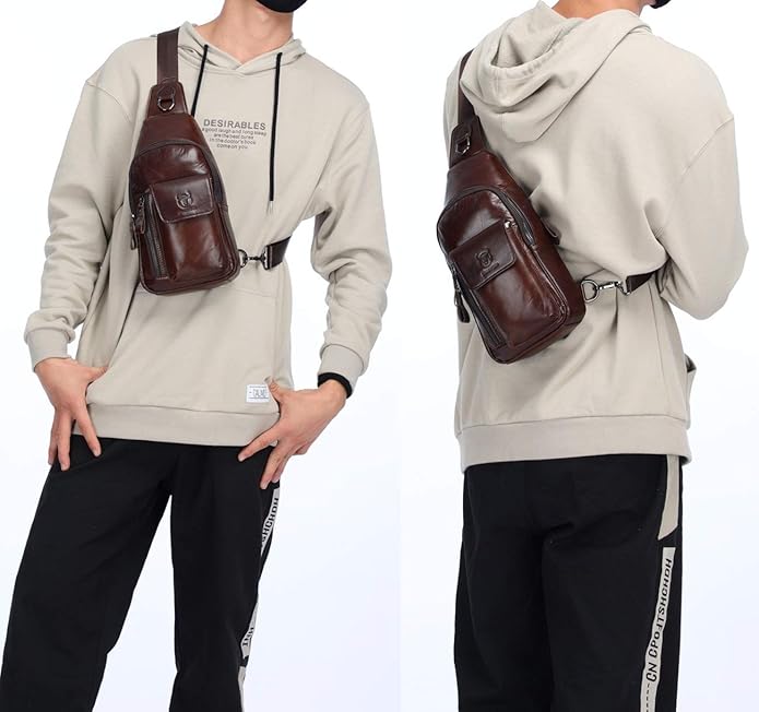 BULLCAPTAIN Genuine Leather Men Sling Bag Travel Crossbody Chest Bag Large Capacity Casual Hiking Daypack